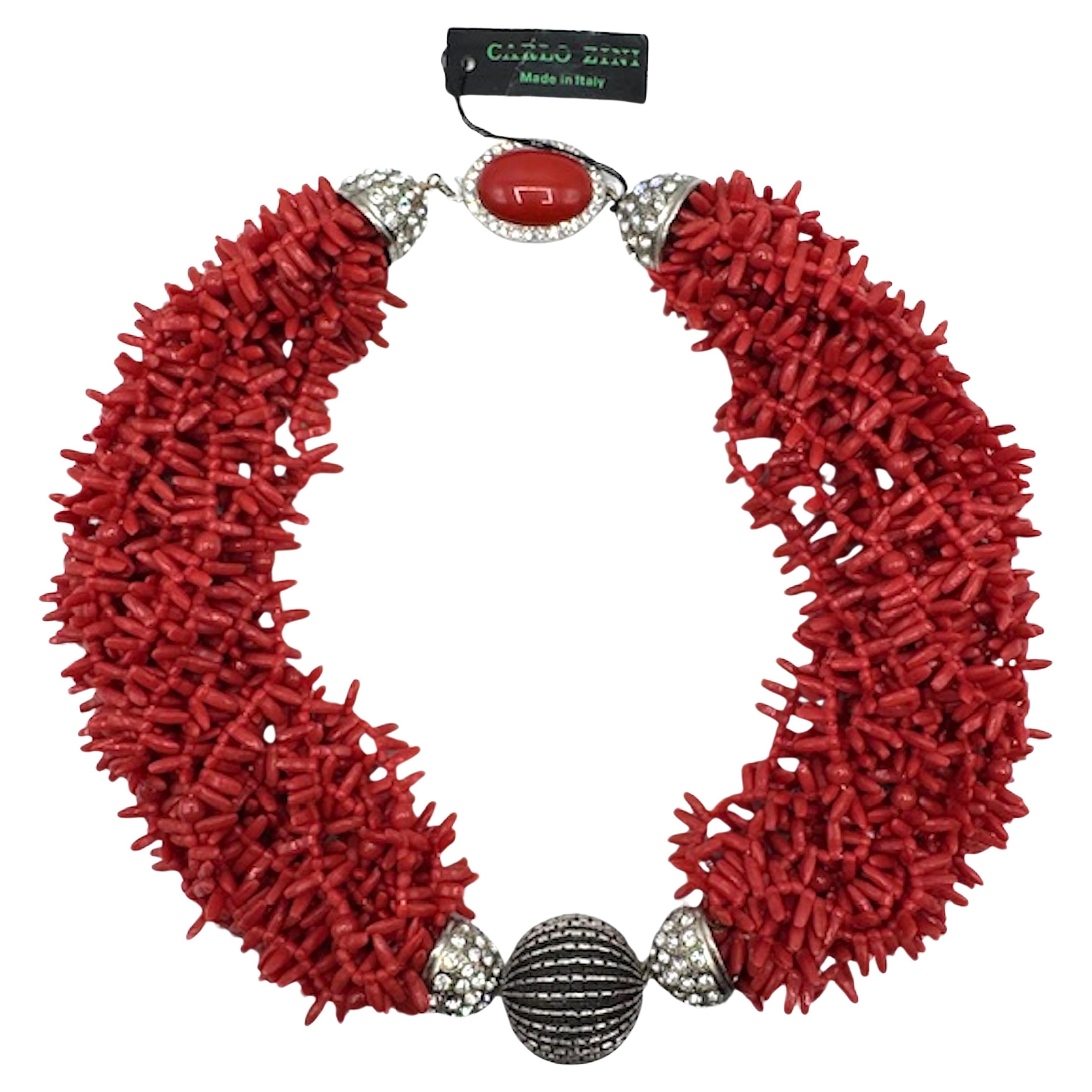 Carlo Zini Faux Sicilian Coral, Sivler & Rhinestone Multi Strand Necklace For Sale