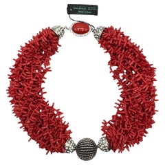 Carlo Zini Faux Sicilian Coral, Sivler & Rhinestone Multi Strand Necklace