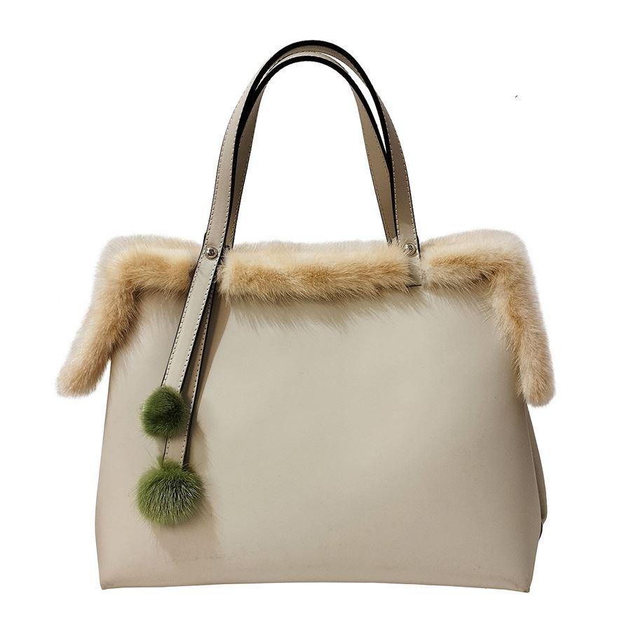 Leather Ivory color Mink fur Green color Double handle With crossbody strap Internal zip pocket Cm 35 x 25 x 18 (13,77 x 9,8 x 7 inches) 