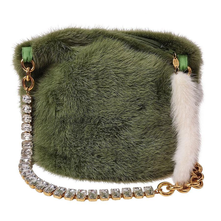 Mink fur Green color 18 KT Golden dipped metal chain and crystals Zip closure Cm 25 x 18 x 14 (9,8 x 7 x 5,5 inches)