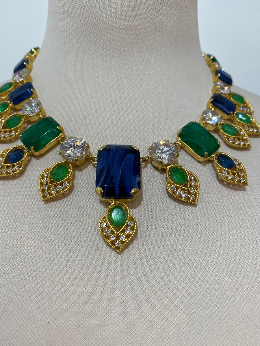 Fantastic masterpiece by Carlo Zini
The greatest italian fashion jewelry designer
Amazing arabian style collier 
Class A Swarovski crystals
Octagonal emerald and sapphire like stones 
Non allergenic brass
18 KT 3 micron Gold dipped
100% Artisanal