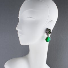 Carlo Zini Milano Floral Crystal Emerald Jeweled Dangle Clip-on Earrings