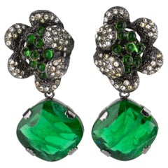 Carlo Zini Milano Floral Crystal Emerald Jeweled Dangle Clip-on Earrings