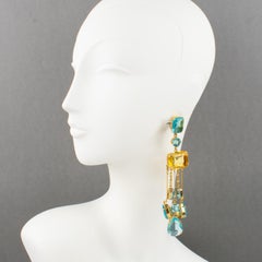 Carlo Zini Milano Oversized Aquamarine and Topaz Jeweled Dangle Clip Earrings