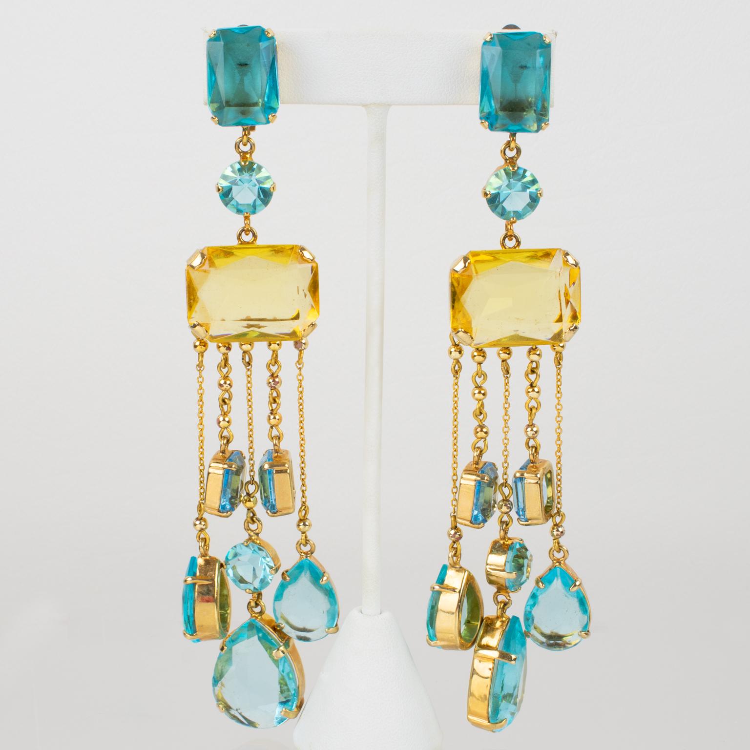 Modern Carlo Zini Milano Oversized Aquamarine and Topaz Jeweled Dangle Clip Earrings For Sale