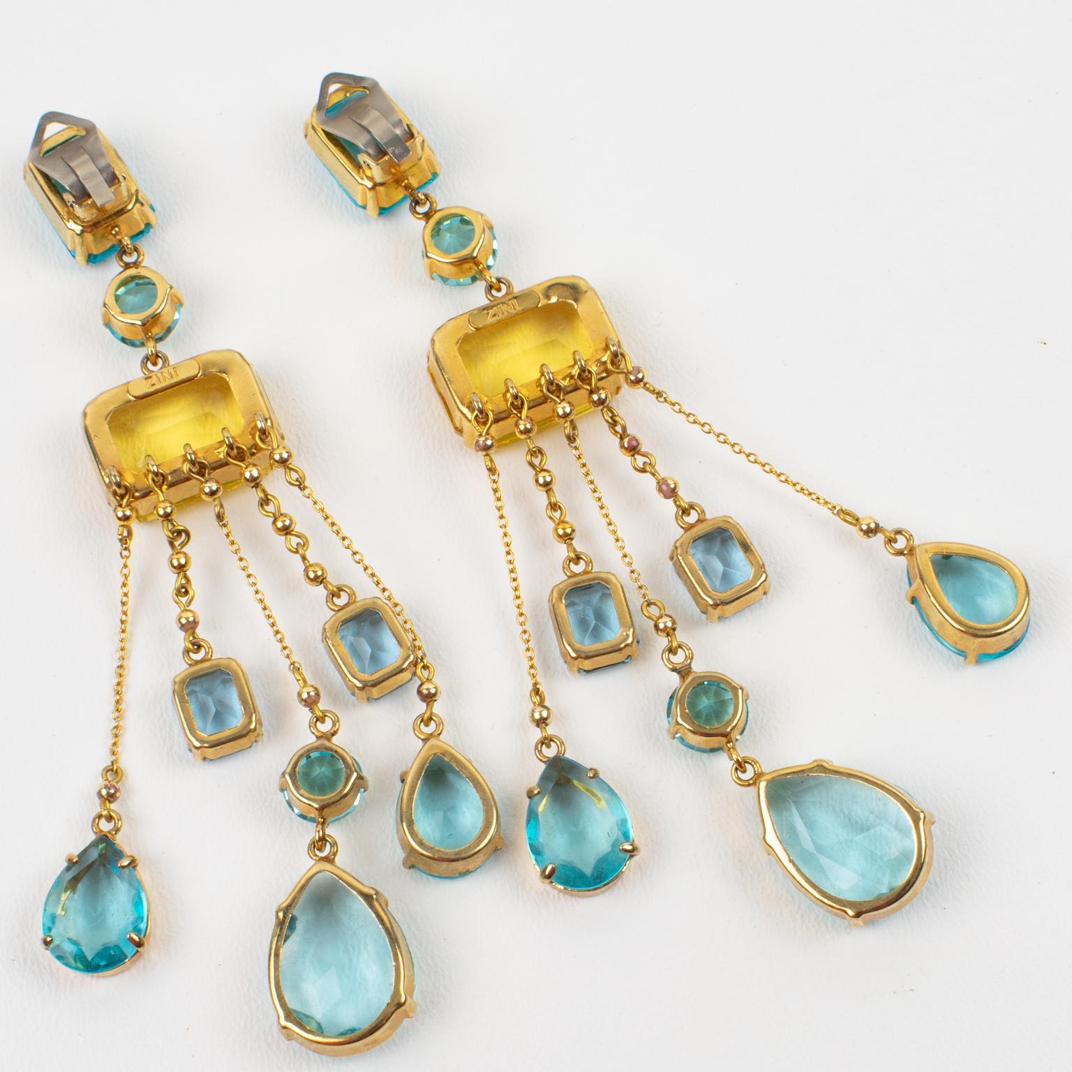 Carlo Zini Milano Oversized Aquamarine and Topaz Jeweled Dangle Clip Earrings In Good Condition For Sale In Atlanta, GA