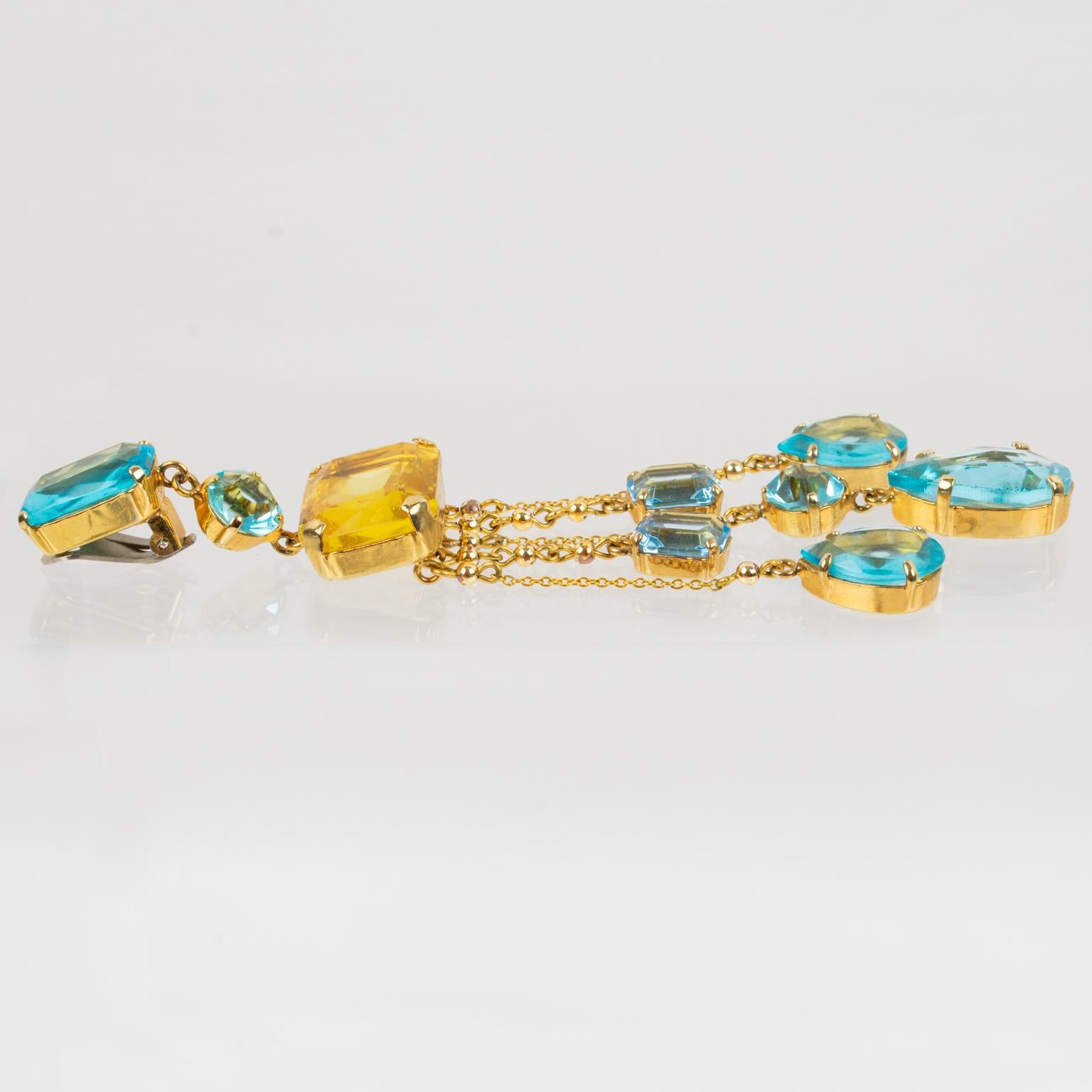 Carlo Zini Milano Oversized Aquamarine and Topaz Jeweled Dangle Clip Earrings For Sale 1