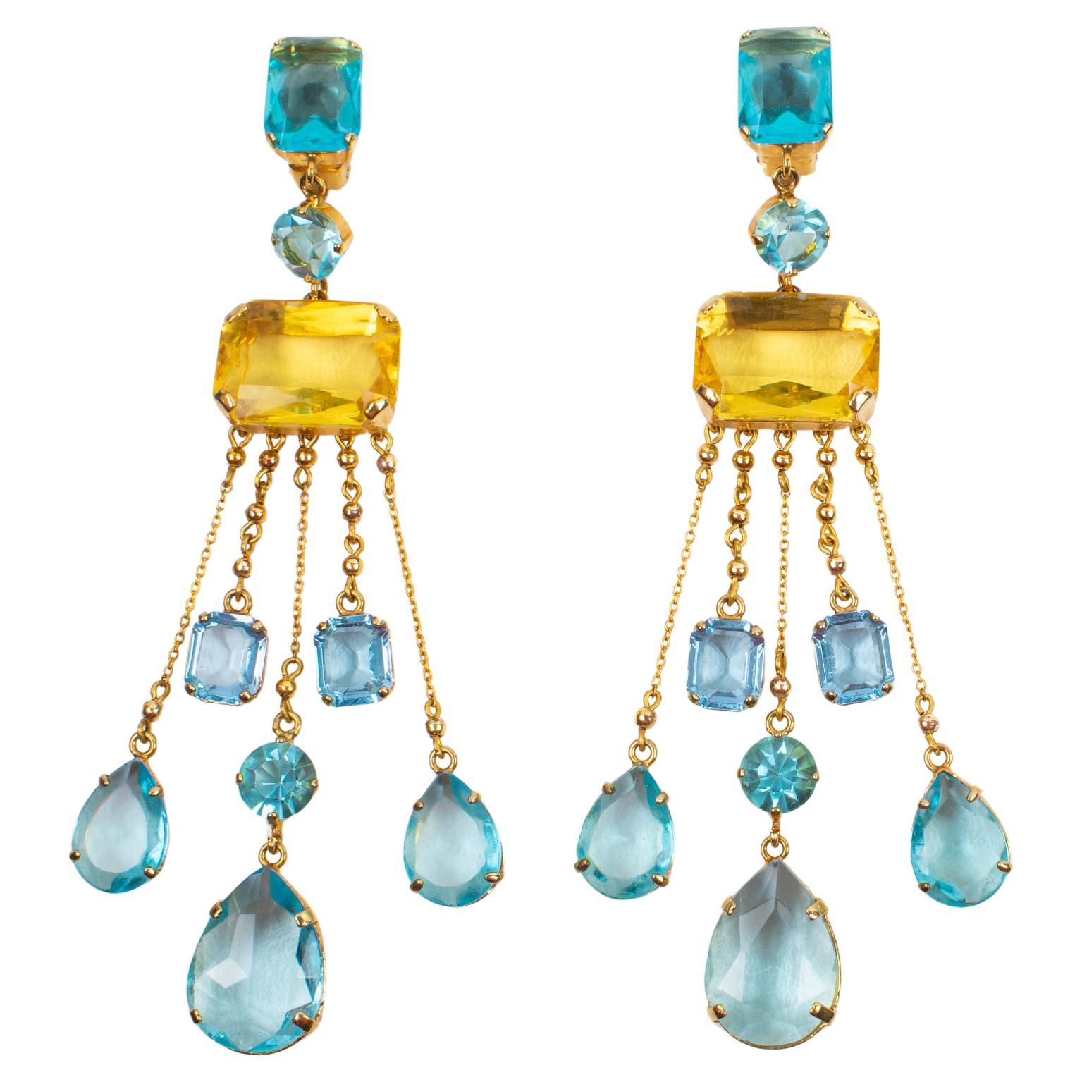 Carlo Zini Milano Oversized Aquamarine and Topaz Jeweled Dangle Clip Earrings For Sale