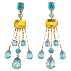 Vintage Carlo Zini Milano Oversized Aquamarine and Topaz Jeweled Dangle Clip Earrings