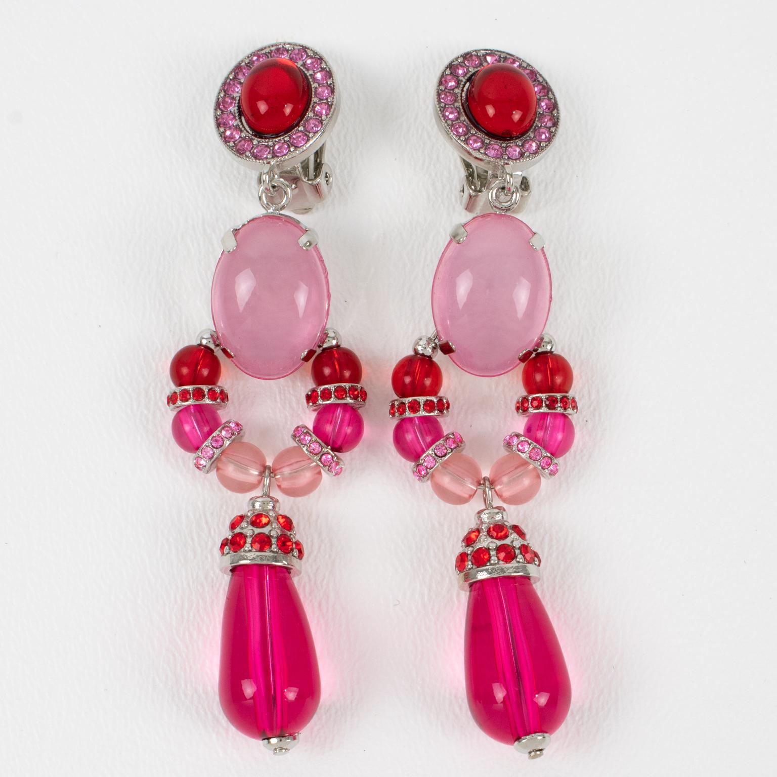 Modern Carlo Zini Milano Red and Pink Jeweled Dangle Clip Earrings  For Sale