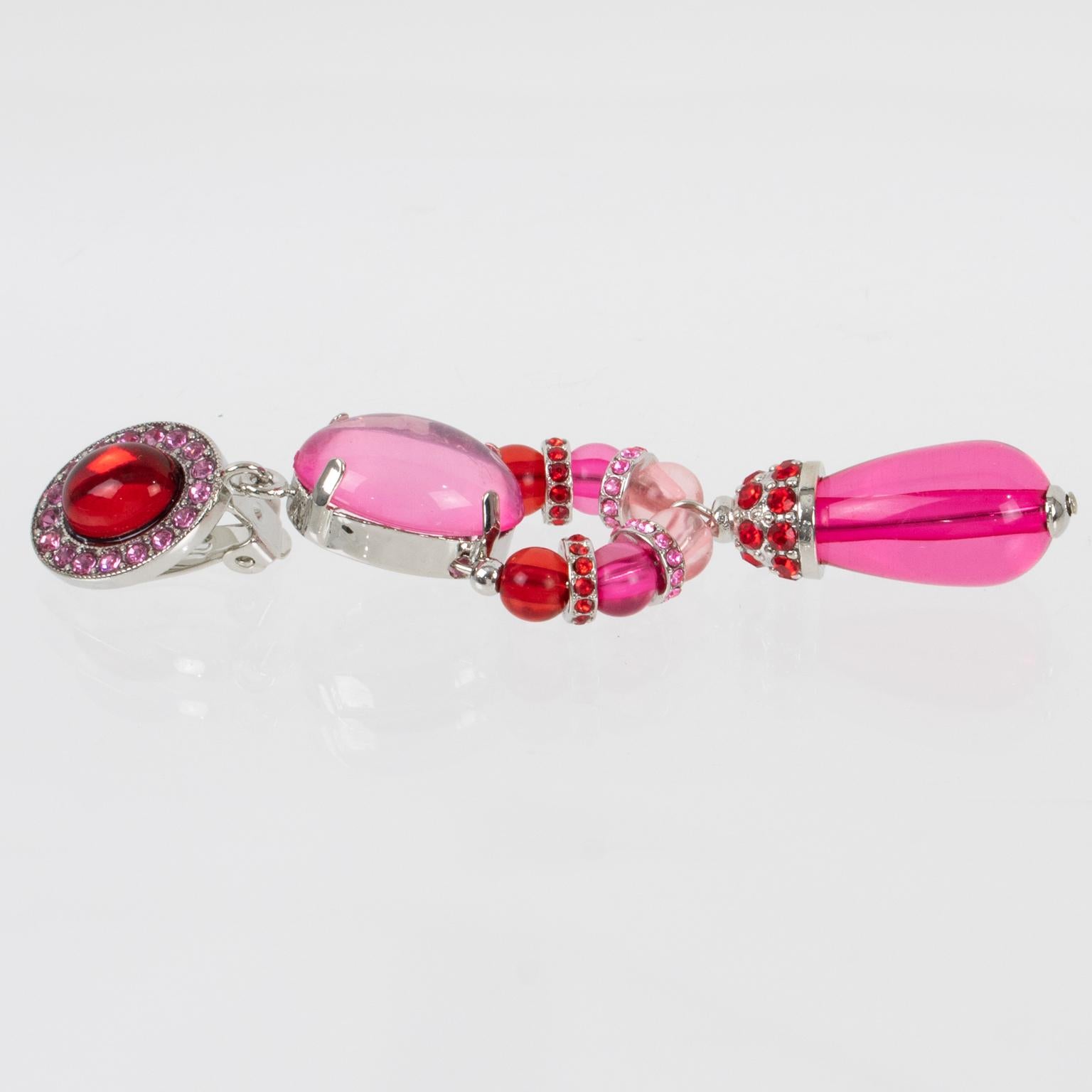 Carlo Zini Milano Red and Pink Jeweled Dangle Clip Earrings  For Sale 1