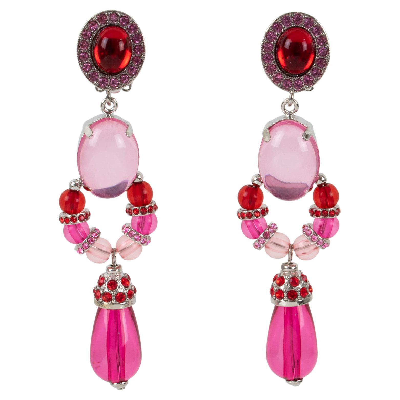 Carlo Zini Milano Red and Pink Jeweled Dangle Clip Earrings  For Sale