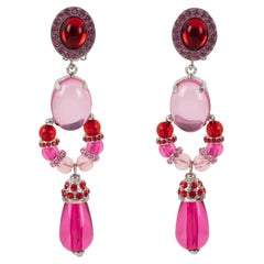 Carlo Zini Milano Red and Pink Jeweled Dangle Clip Earrings 