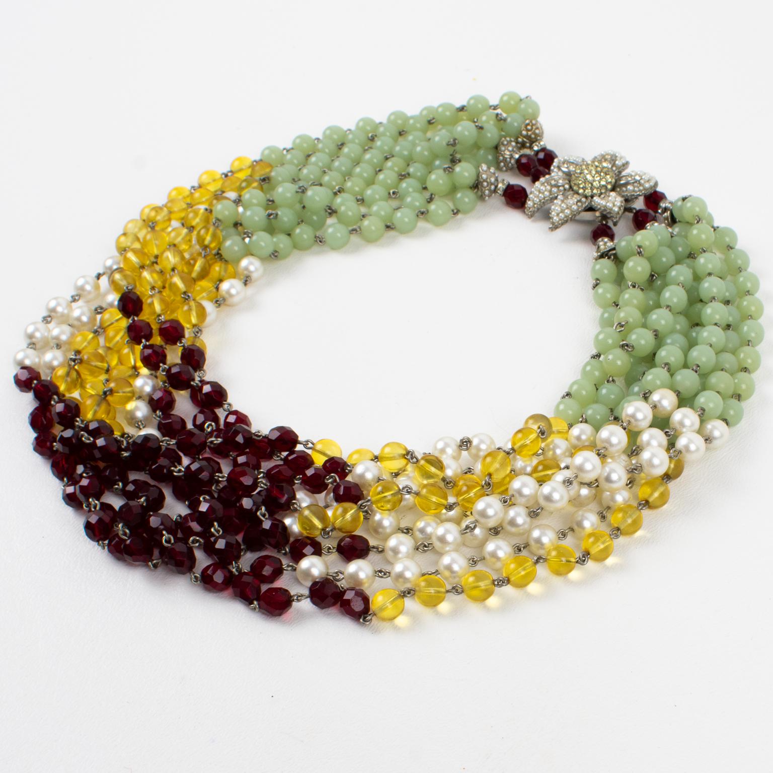 Carlo Zini Multi-Strand Choker Necklace Multicolor Glass Beads In Excellent Condition For Sale In Atlanta, GA