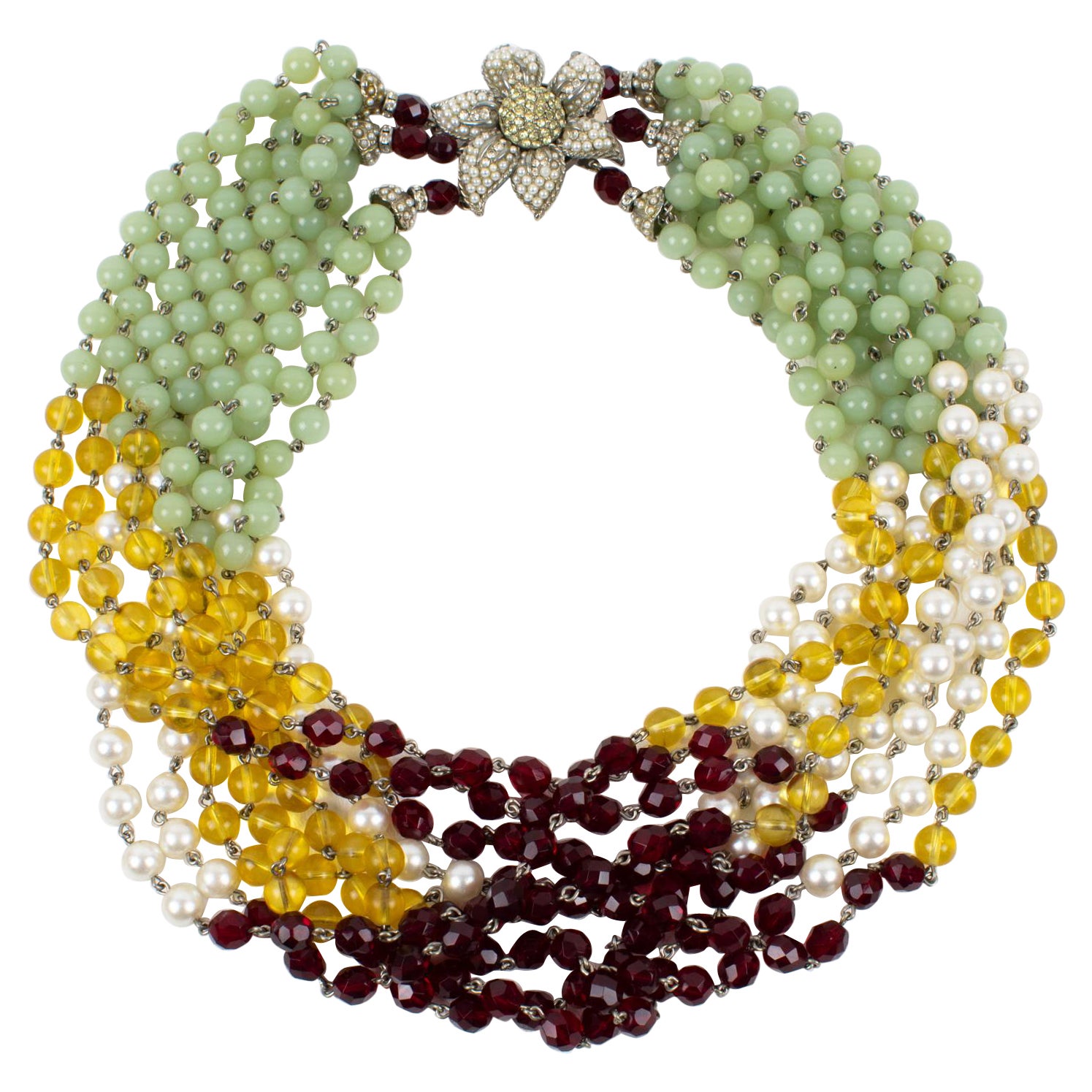 Carlo Zini Multi-Strand Choker Necklace Multicolor Glass Beads For Sale