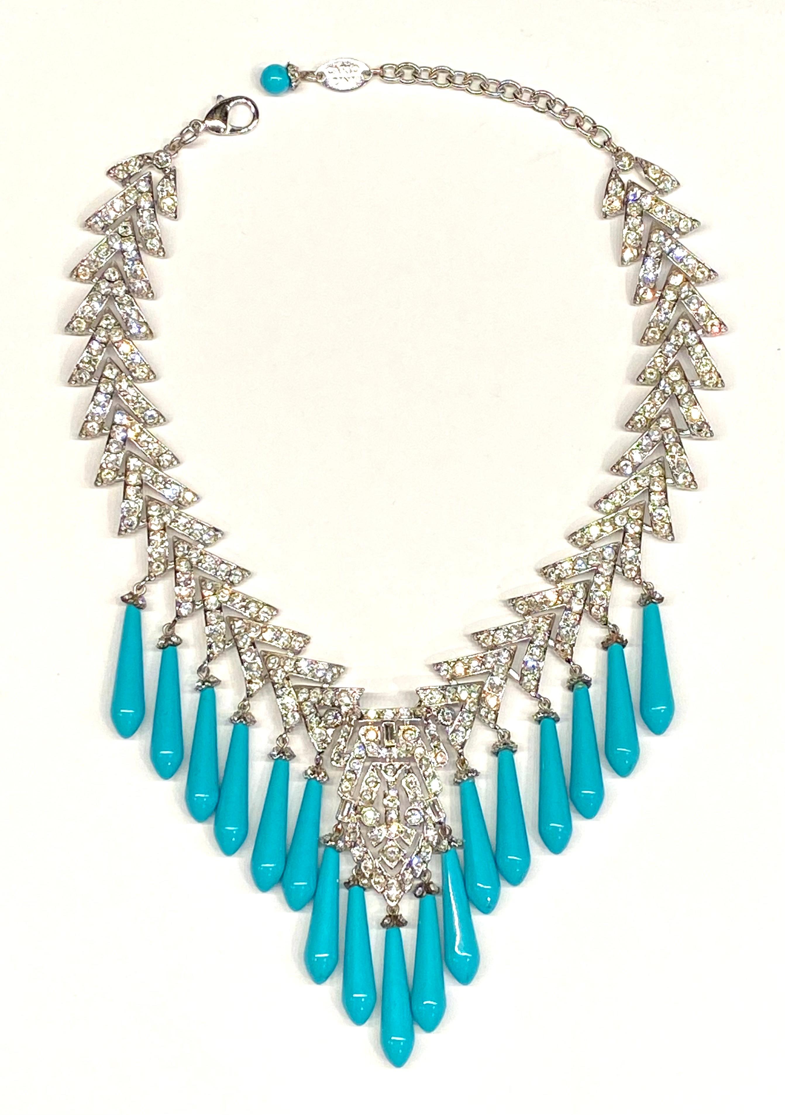 Brilliant Cut Carlo Zini of Italy Art Deco style rhinestone and turquoise necklace For Sale