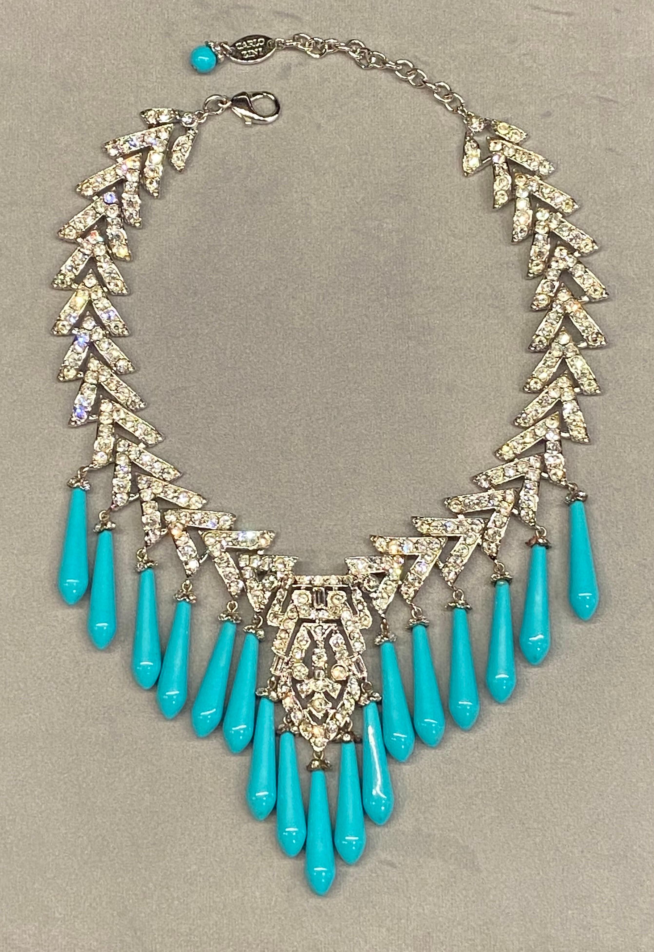 Carlo Zini of Italy Art Deco style rhinestone and turquoise necklace In Good Condition For Sale In New York, NY