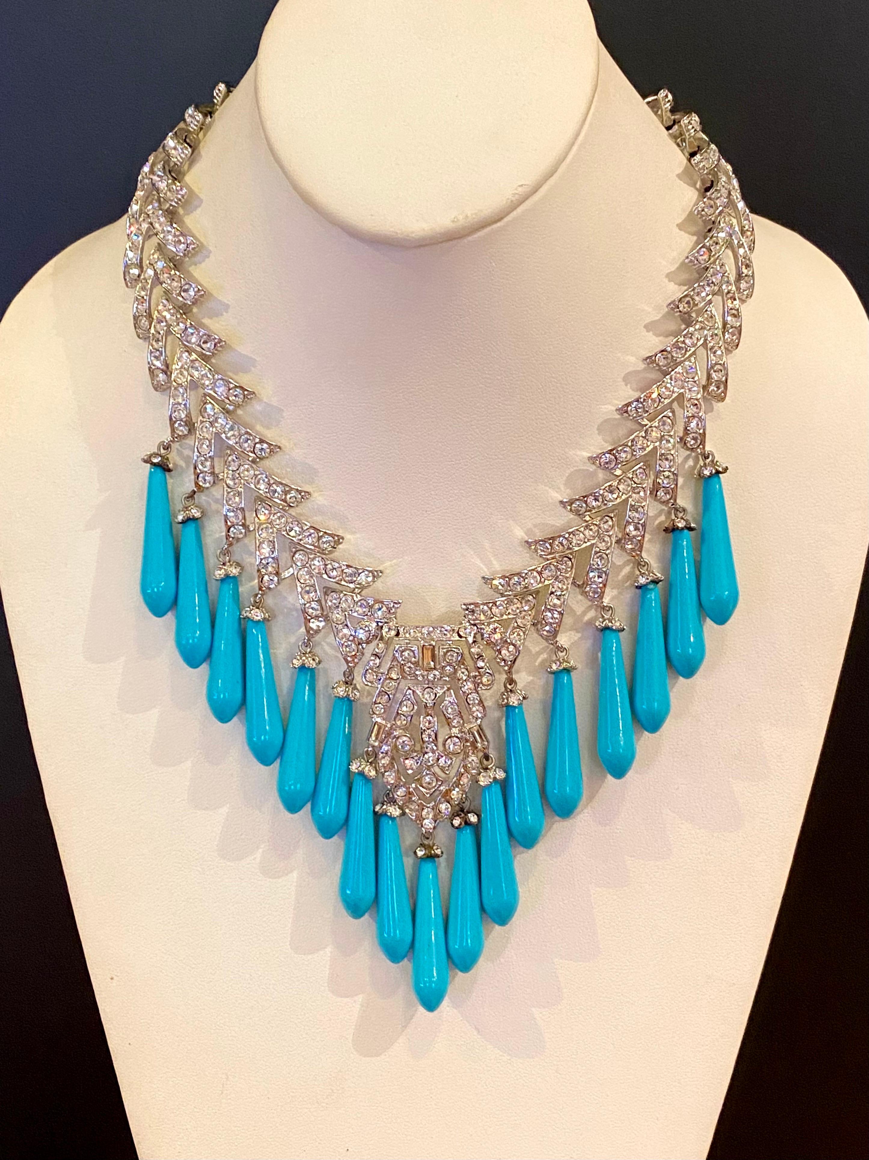 Carlo Zini of Italy Art Deco style rhinestone and turquoise necklace For Sale 1