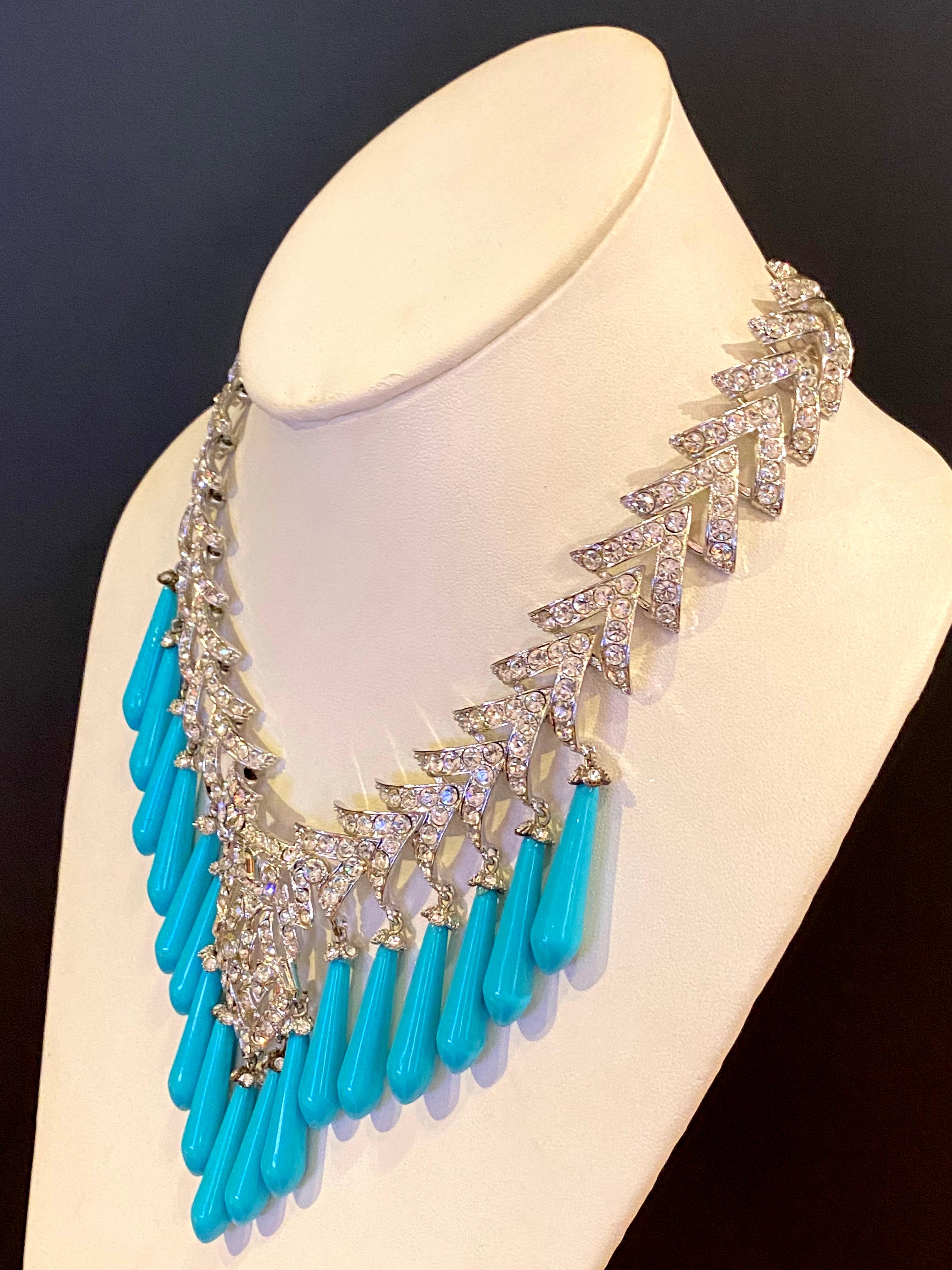 Carlo Zini of Italy Art Deco style rhinestone and turquoise necklace For Sale 2