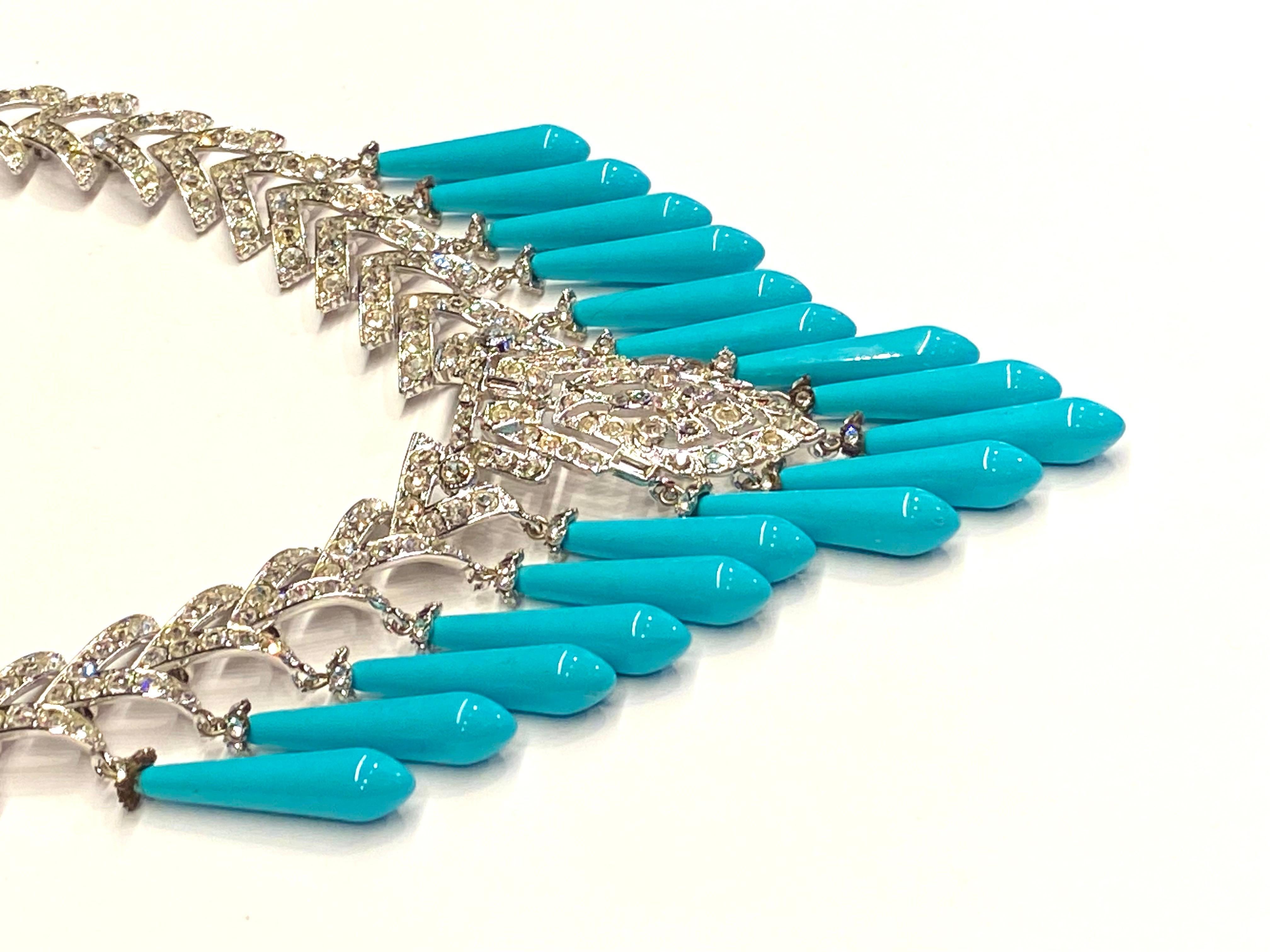 Carlo Zini of Italy Art Deco style rhinestone and turquoise necklace For Sale 4