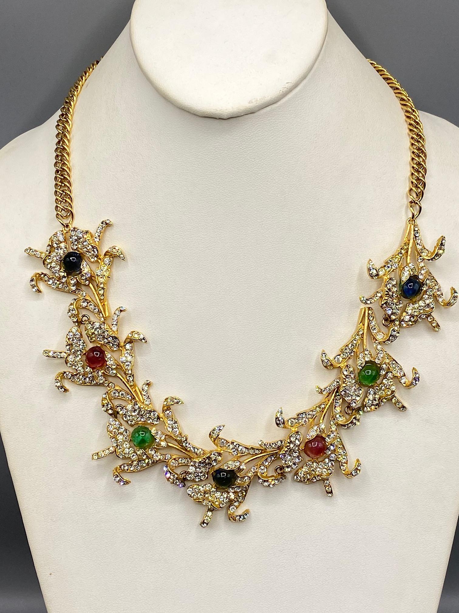 Carlo Zini of Italy Red, Blue & Green Cabochon Rhinestone Floral Necklace In Excellent Condition In New York, NY