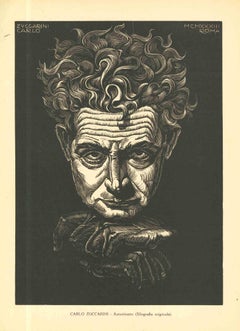 Self-Portrait - gravure sur bois originale de Carlo Zuccarini - début du 20e siècle