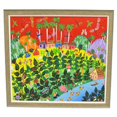 Carlos Albert Modern Mexican Painting Large Village Scene Acrylic on Canvas
