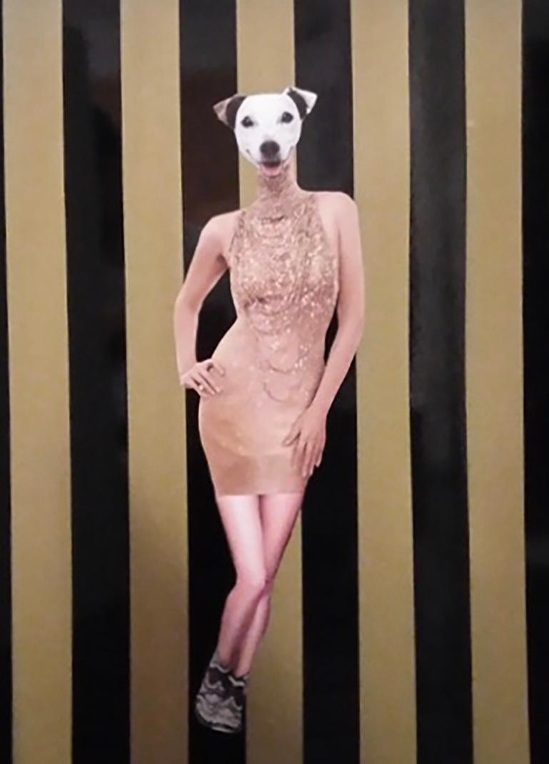 Verlassen Sie Gold, Abstrakt figurativ. Mode-Hunde-Modell, Mixed Media auf Karton
