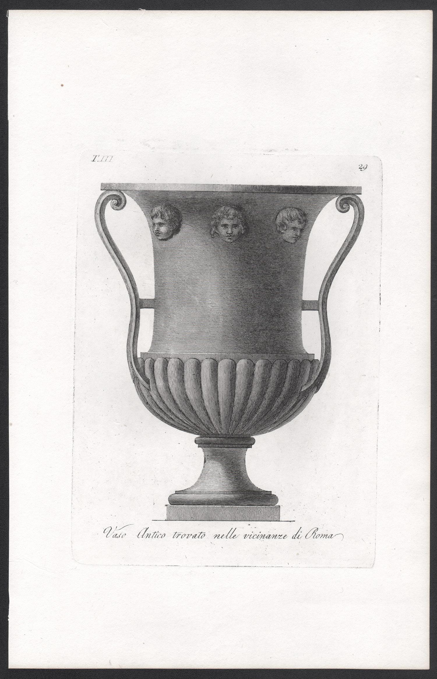 4 Classical Roman vases, early 19th century Italian Grand Tour engraving, c1820 - Gray Print by Carlos Antonini