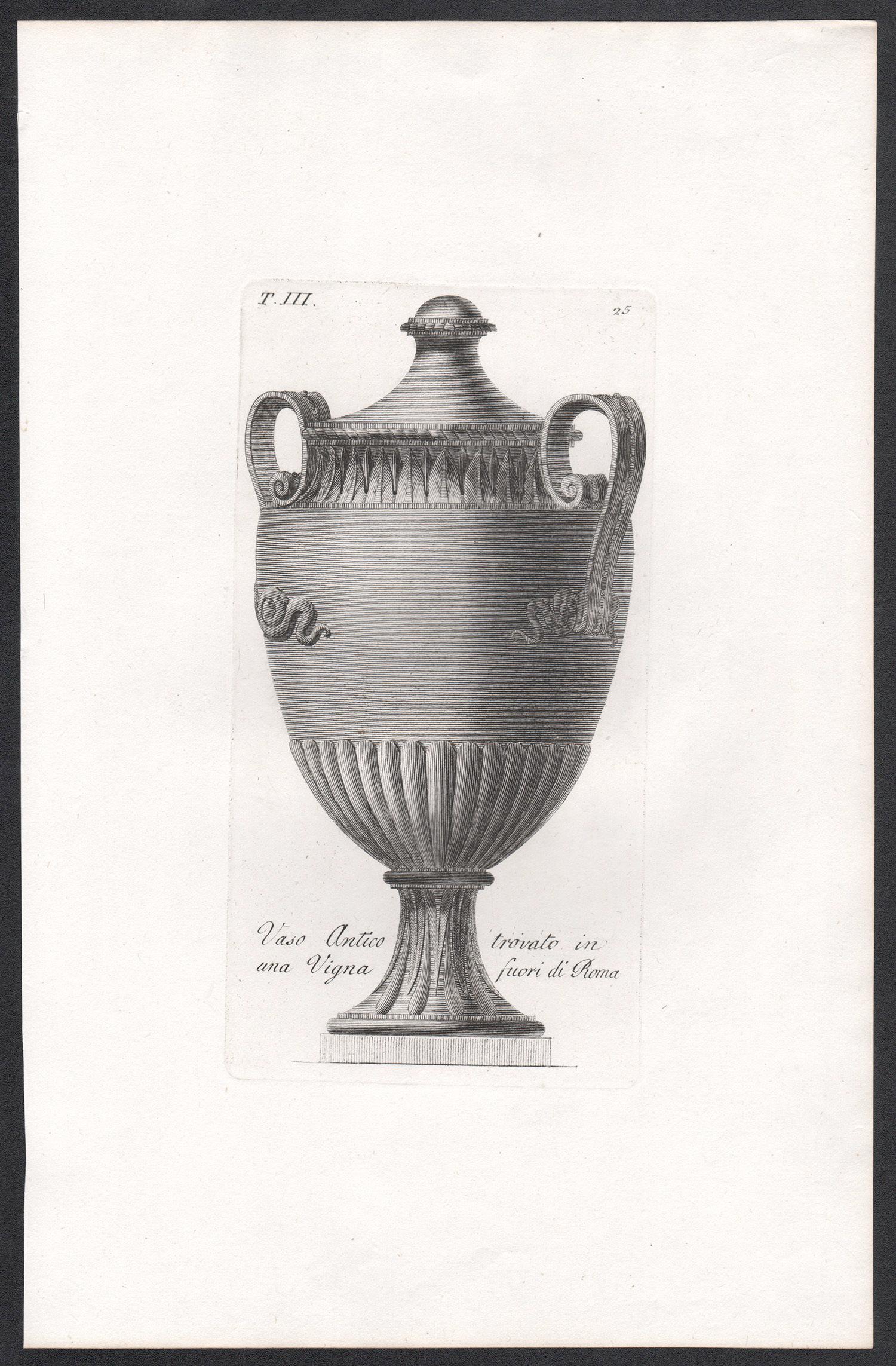 Carlos Antonini Print - 4 Classical Roman vases, early 19th century Italian Grand Tour engraving, c1820