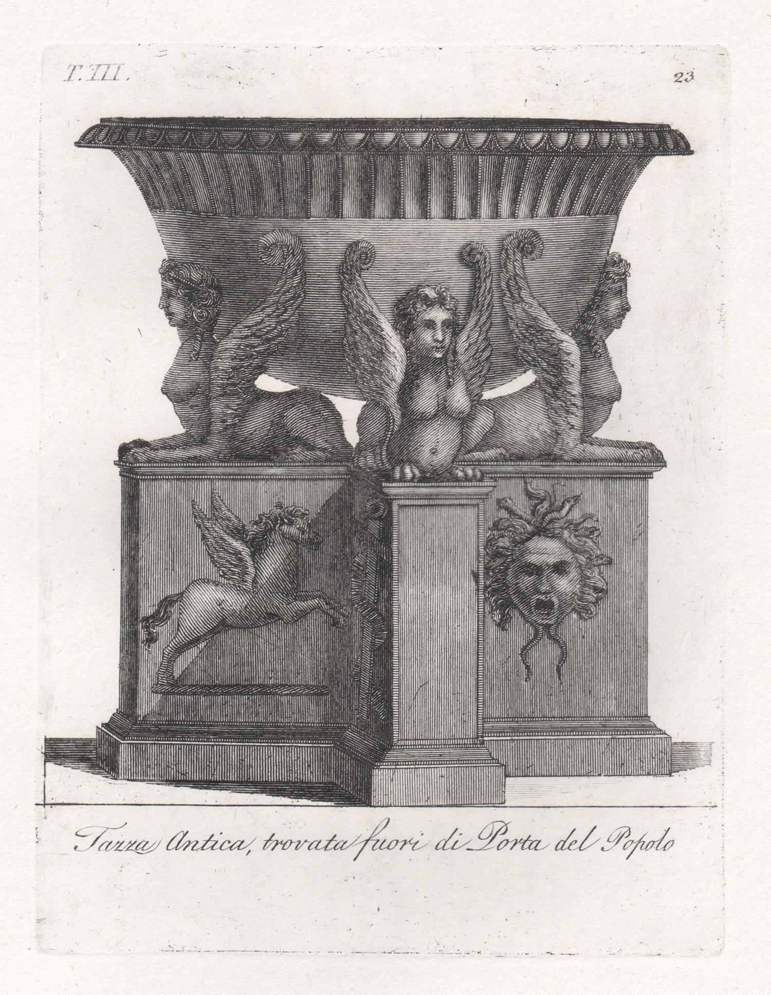 Print Carlos Antonini - Vase romain classique, gravure italienne Grand Tour du début du XIXe siècle, vers1820