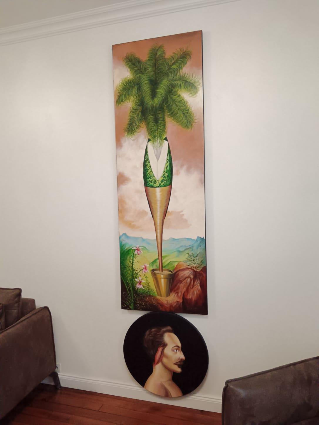 Arte Cubano Contemporáneo de Carlos Sablon Perez - Ostracisme Tropical - Figurative Painting Beige de Carlos Antonio Sablon Perez