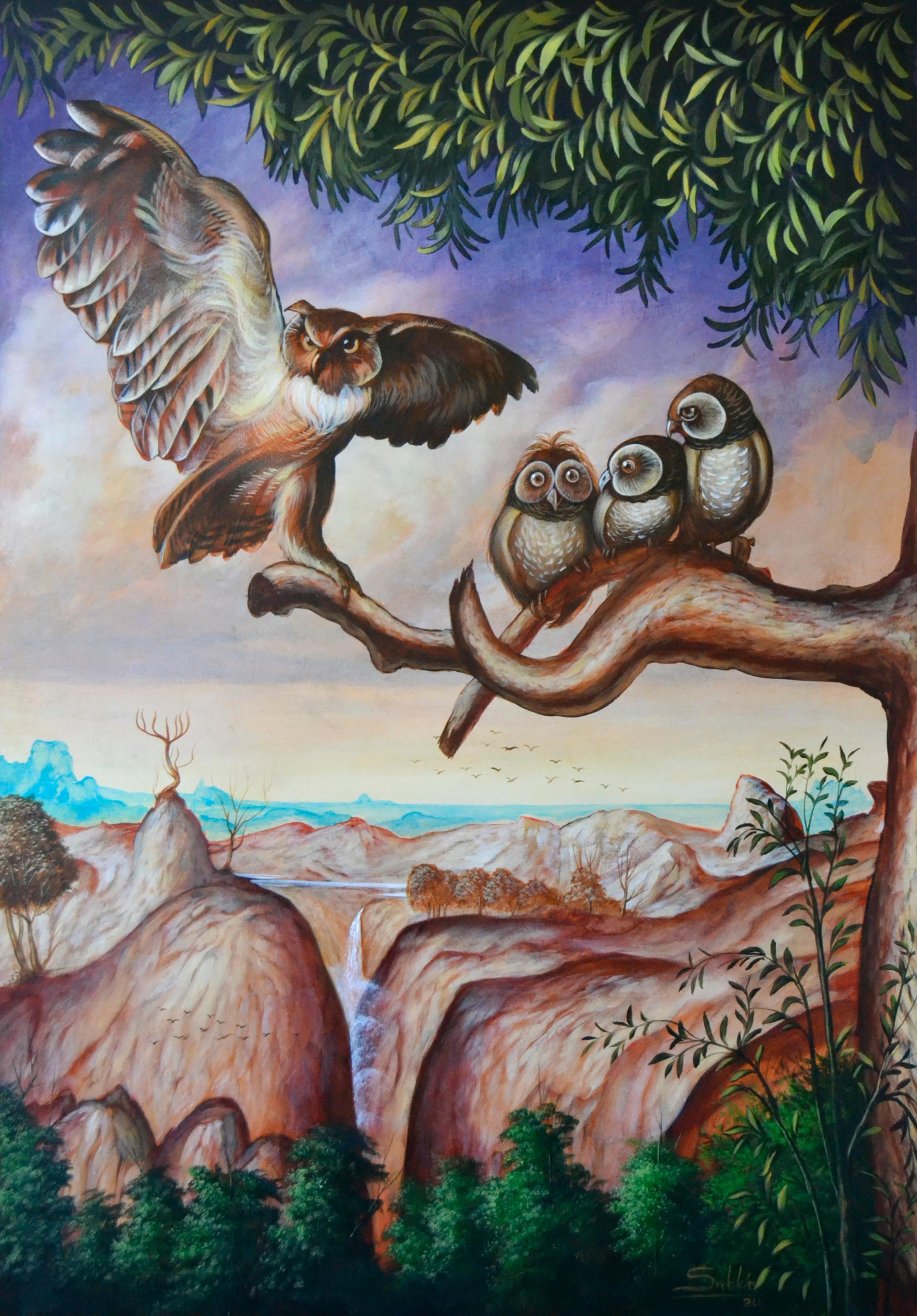 Figurative Painting di Carlos Antonio Sablon Perez - Arte contemporanea cubana di Carlos Antonio Sablon - L'Aigle et Le Hibou