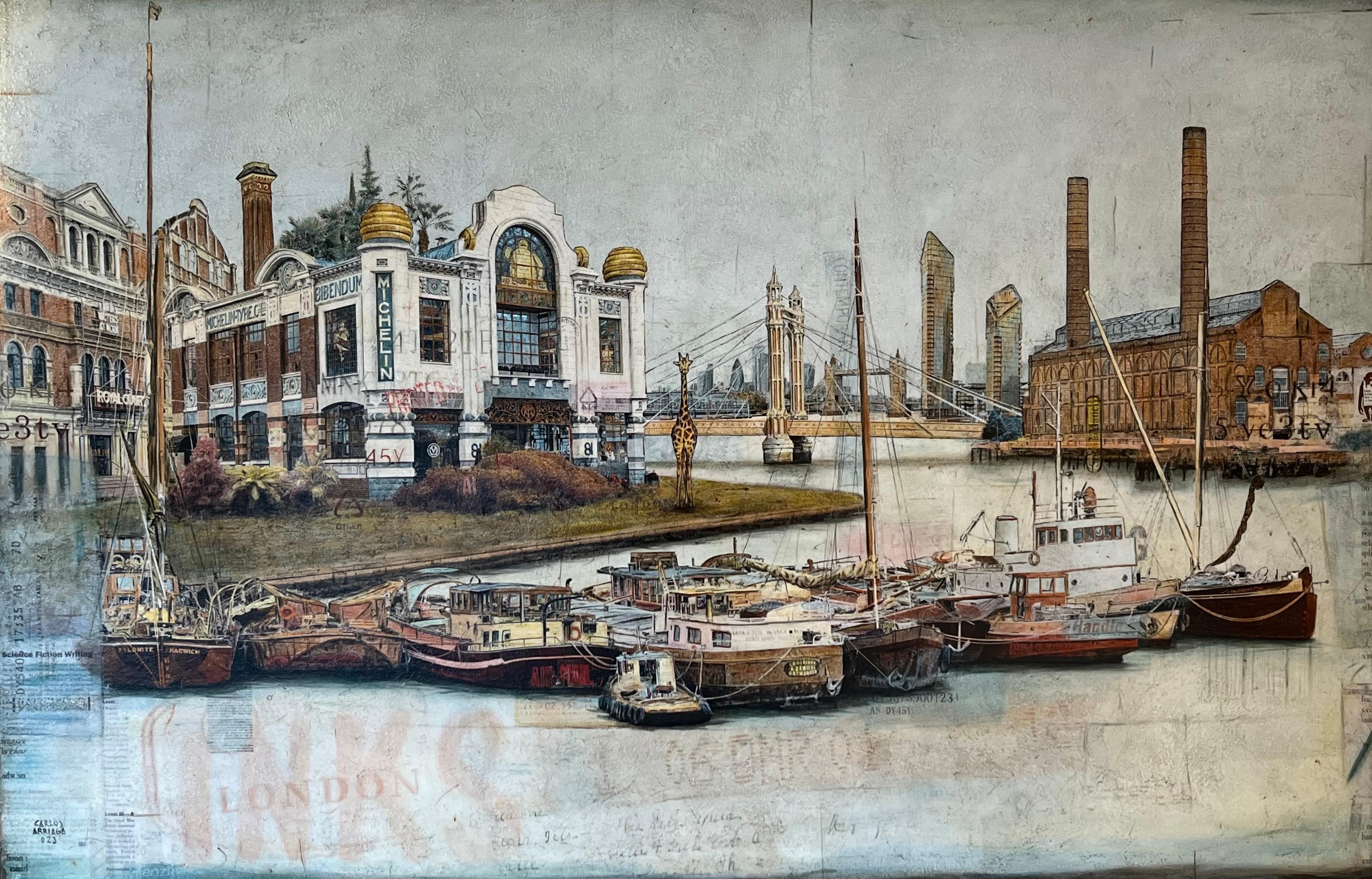 Landscape Painting de carlos arriaga - Jirafa de Chelsea en la ciudad - pintura original surrealista del paisaje urbano de la vida salvaje de Londres