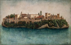 Magic Island Alhambra - orginal cityscape panoramic surrealist nature London oil