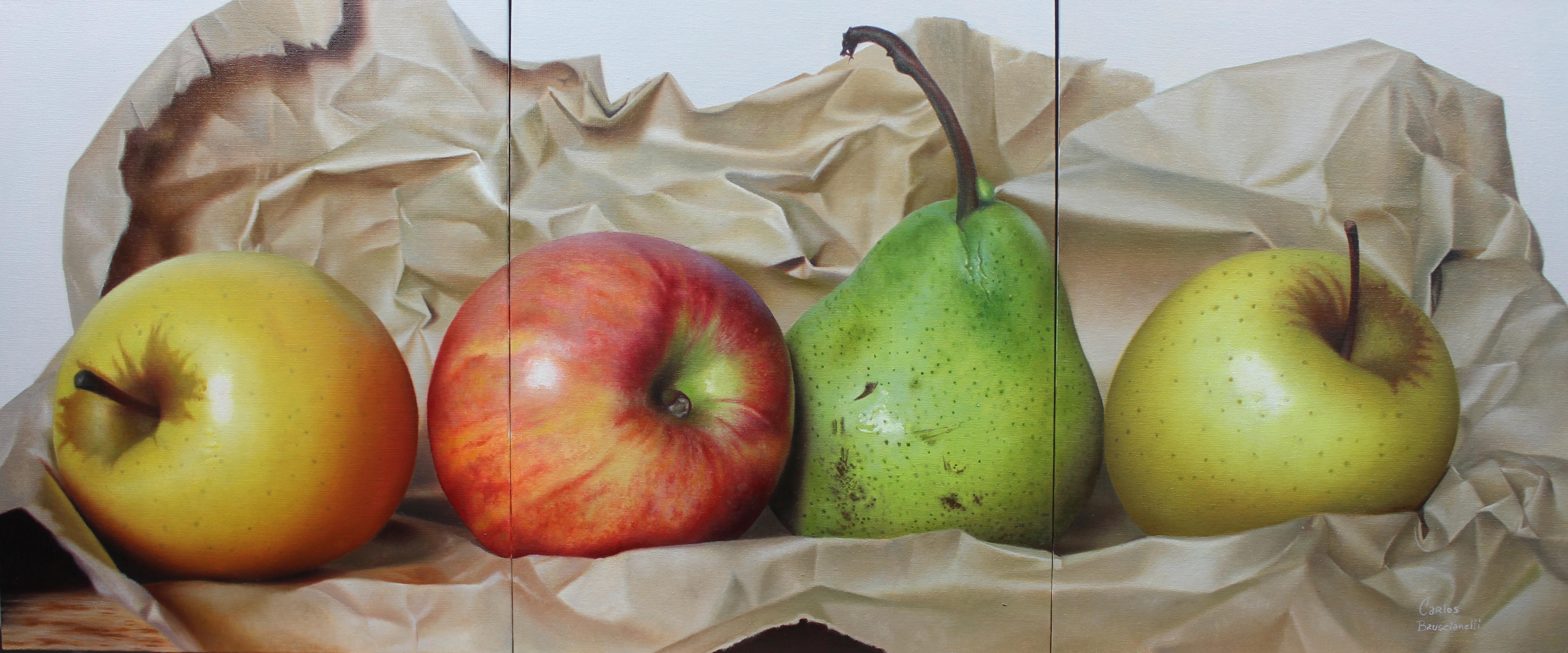 Figurative Painting Carlos Bruscianelli - "Fruits sur papier" (2025) Nature morte à l'huile sur panneau de toile