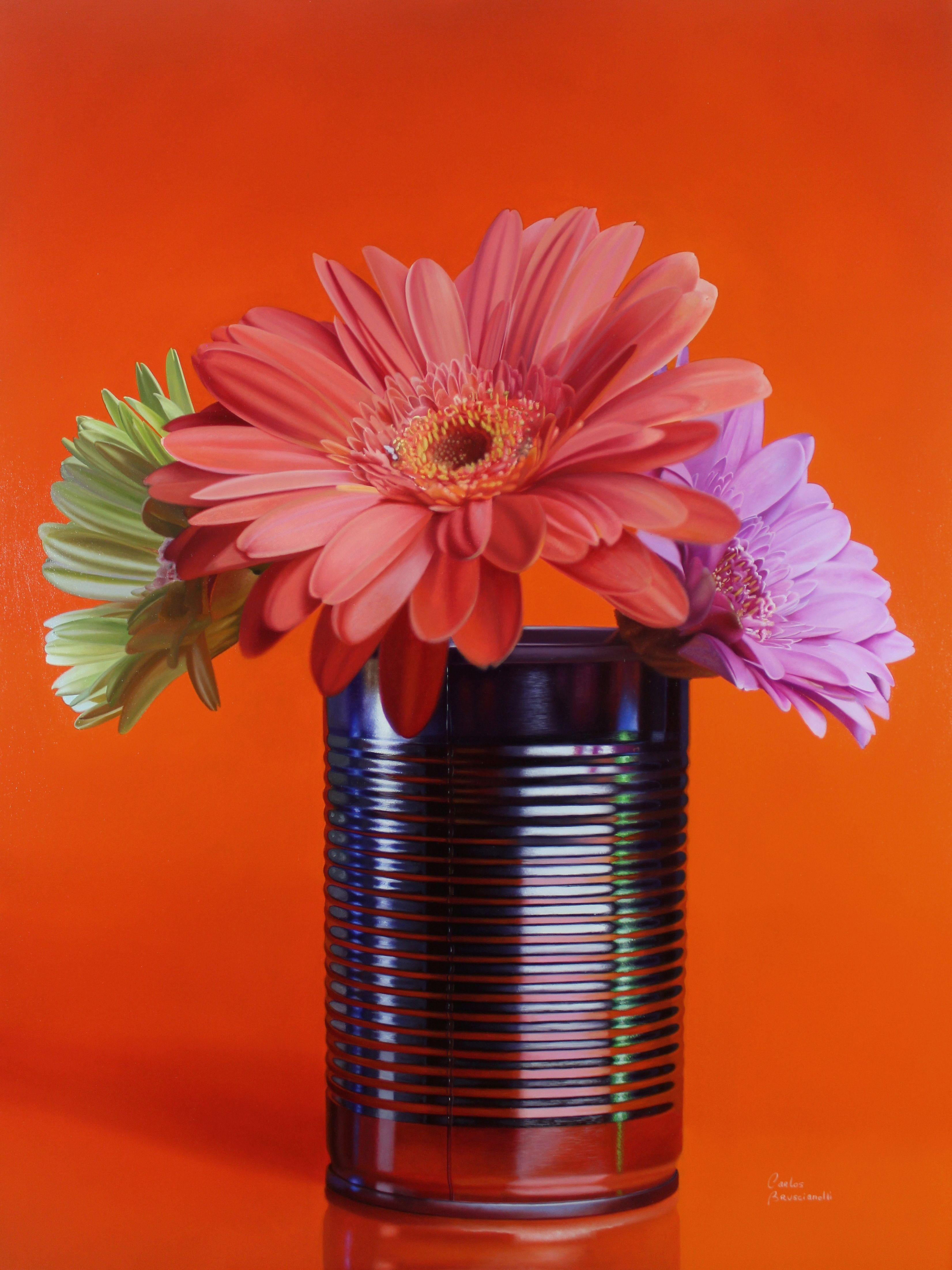 Gerbere, Pittura, Olio su tela - Painting Fotorealista di Carlos Bruscianelli