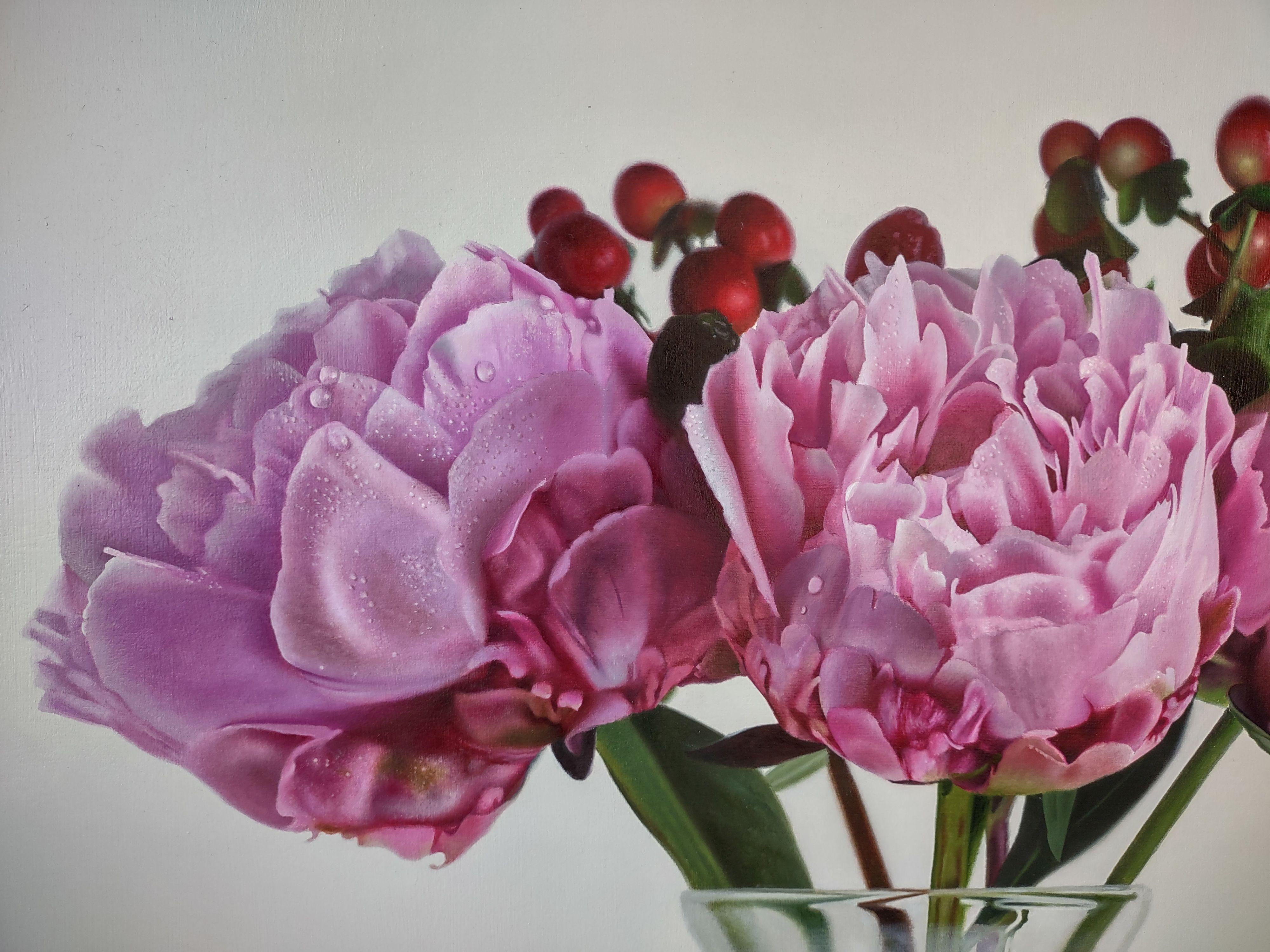 Peonie II, Pittura, Olio su pannello di Wood - Painting Fotorealista di Carlos Bruscianelli