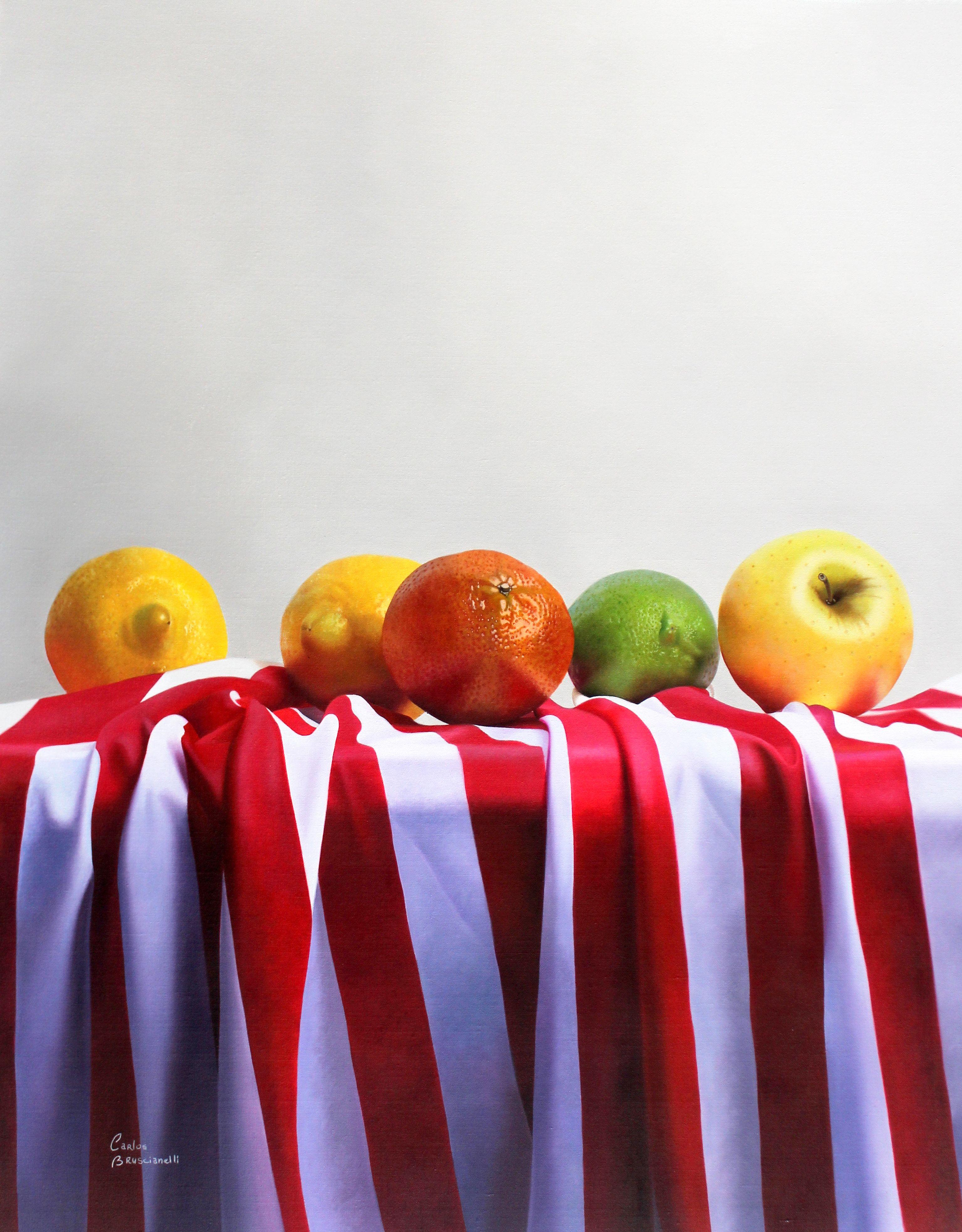 "Stripes & Fruits" by Carlos Bruscianelli, a Venezuelan realist painter based in Miami Beach, FL. Oil Painting on Oil Primed Linen - fine texture (Claessenses). 2021.    THE ARTWORK WILL BE SHIPPED ROLLED UP IN A TUBE. :: Painting :: Photorealism ::