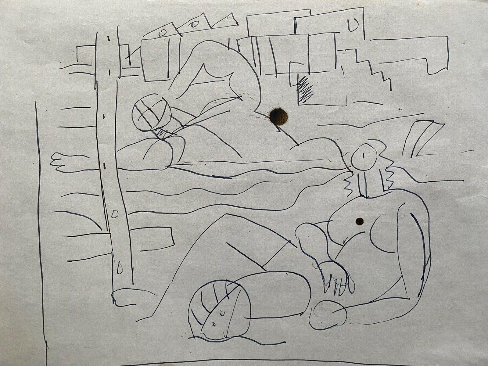 „On the Beach“
von Carlos Carnero (Uruguay/französisch 1922-1980)
Tuschezeichnung, auf sehr dünnem Papier, ungerahmt

Papierpapier: 8,25 x 10,75 Zoll

provenzalische Herkunft: Nachlass des Künstlers, Paris

Originale französische kubistische