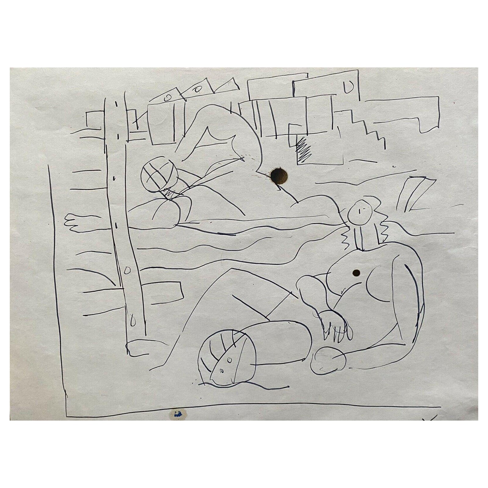 Carlos Carnero Original-Bleistift- und Tuschezeichnung, Figuren am Strand