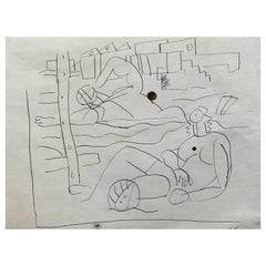 Carlos Carnero Original Pen & Ink Drawing, Figures On The Beach