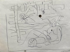 CARLOS CARNERO (1922-1980) ORIGINAL PEN & INK DRAWING - FIGURES ON THE BEACH
