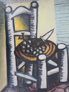Hommage à Picasso : Chaise cubiste - Huile sur toile originale, signée à la main