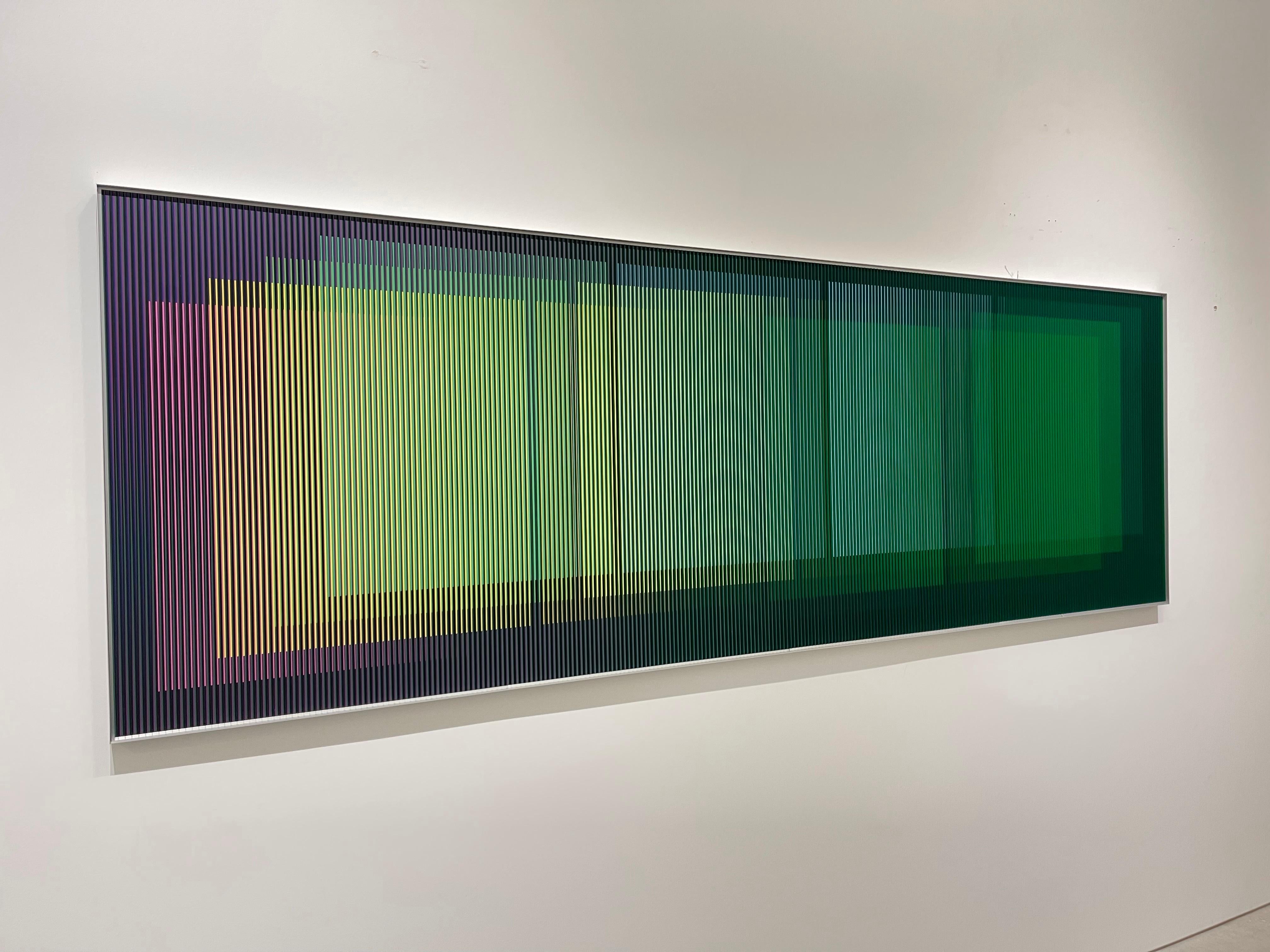 Carlos Cruz-Diez (Venezuelan b. 1923)
Physichromie No. 1531
Painted PVC and acrylic strips mounted on aluminum 
100 x 300 cm  39.3 x 118.1 in. 
The artwork is signed and dated on the back.

Carlos Cruz-Diez was born in Caracas, Venezuela, in 1923.