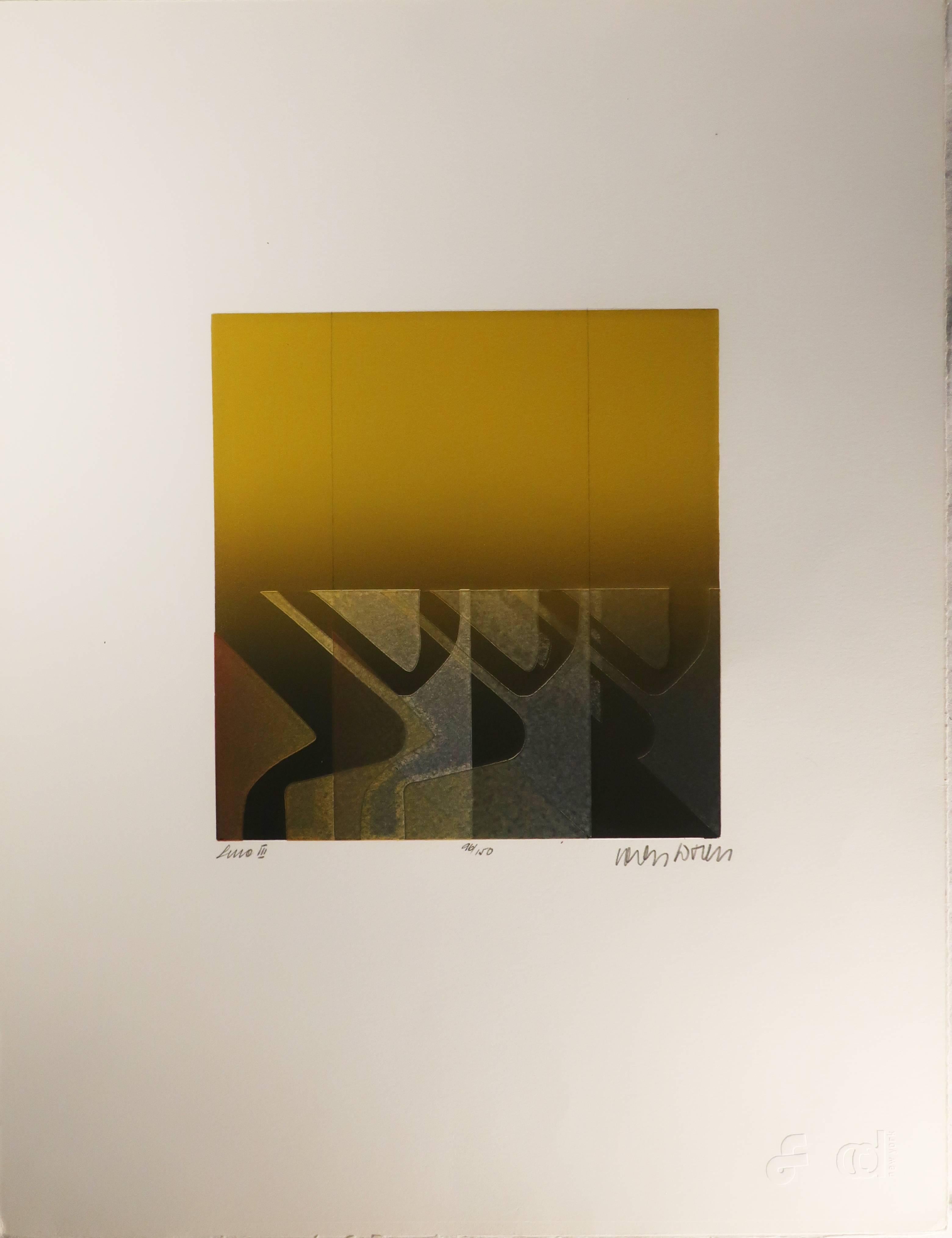 “Line III” is an aquatint etching by Carlos Davila, a Peruvian artist. Aquatint involves an artist making marks on a copper or zinc plate that are capable of holding ink. The inked plate is then passed through a printing press with a piece of paper,