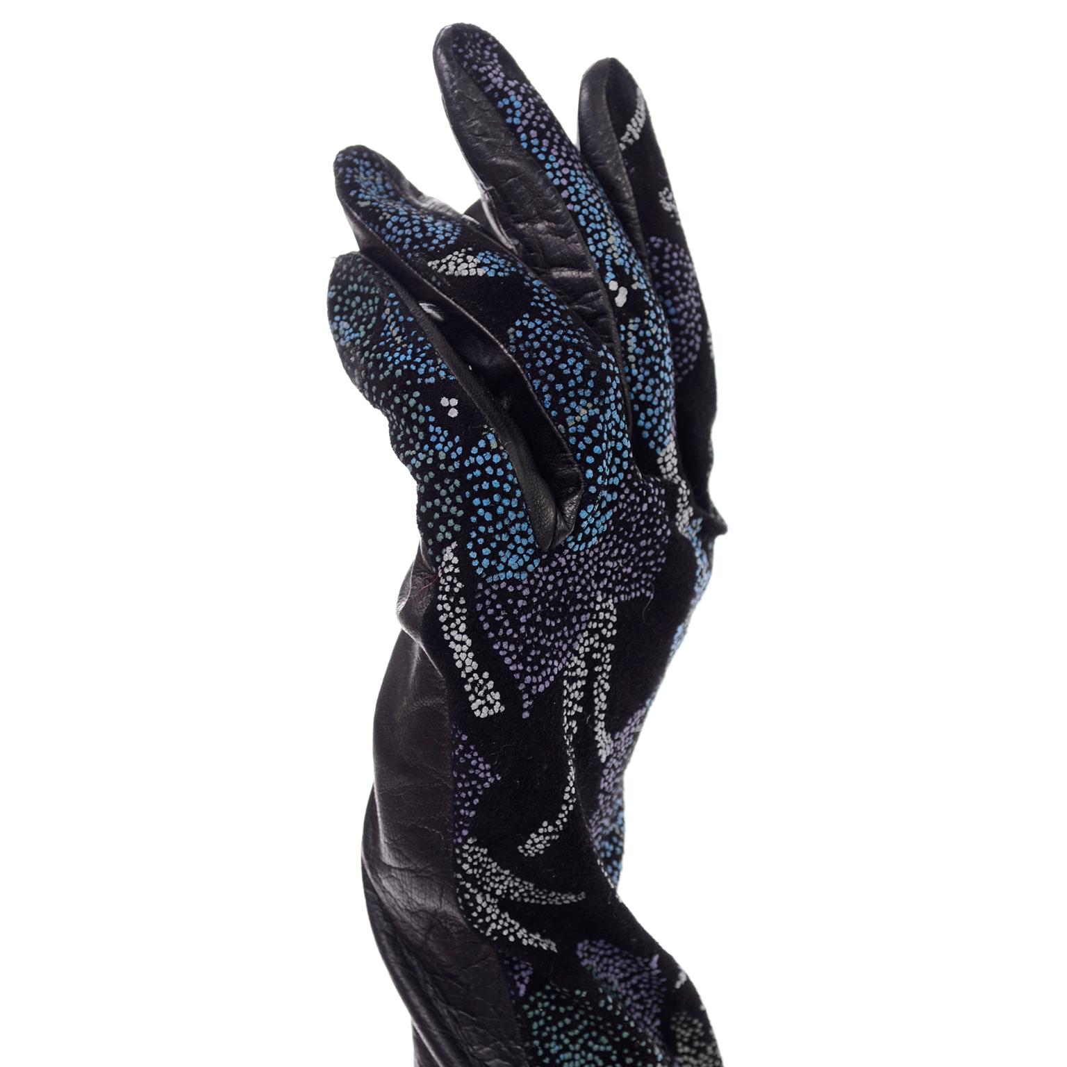Black Rare Carlos Falchi Blue Leather Opera Gloves w Hand Pointed Floral Mini Dots For Sale