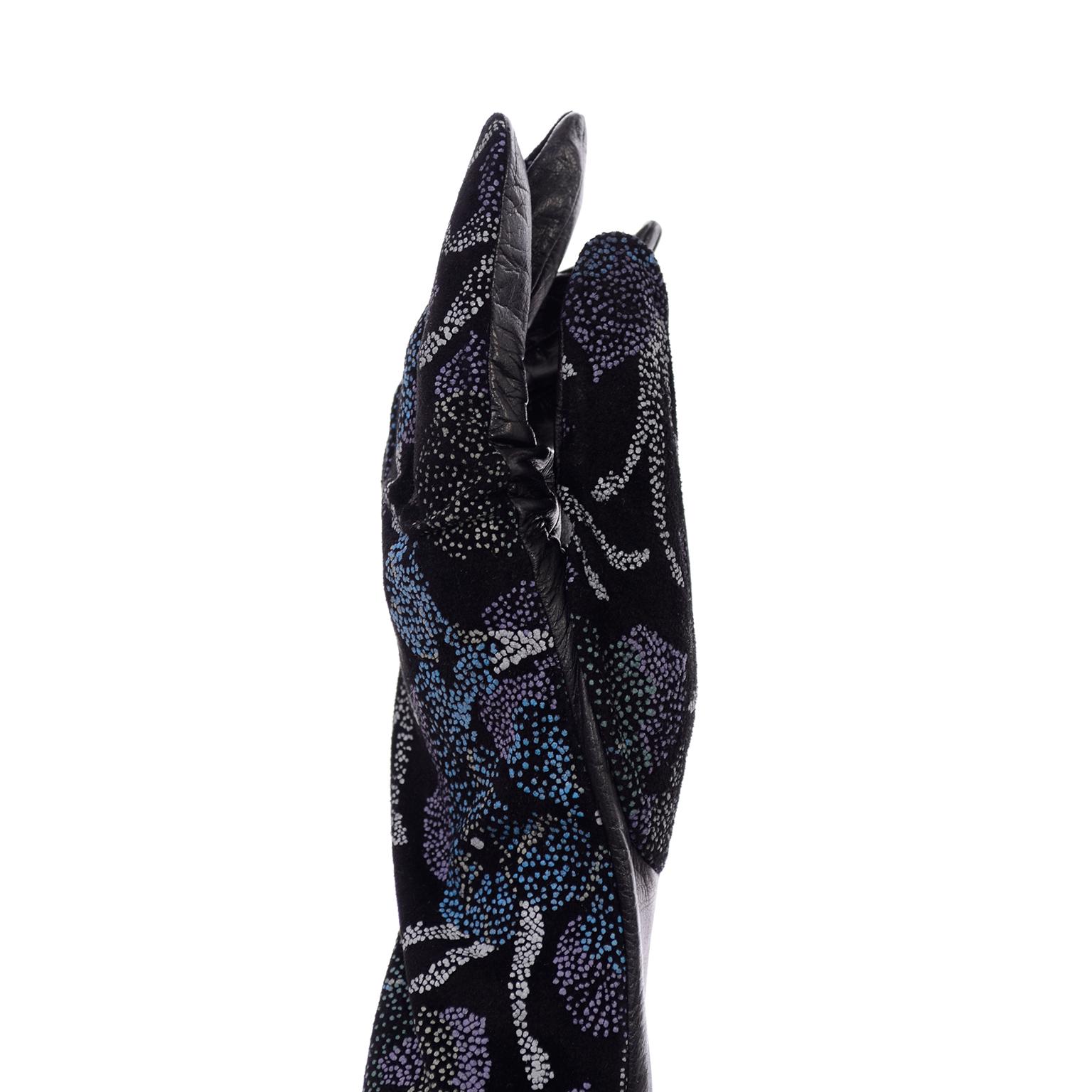 Women's Rare Carlos Falchi Blue Leather Opera Gloves w Hand Pointed Floral Mini Dots For Sale