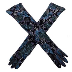Retro Rare Carlos Falchi Blue Leather Opera Gloves w Hand Pointed Floral Mini Dots