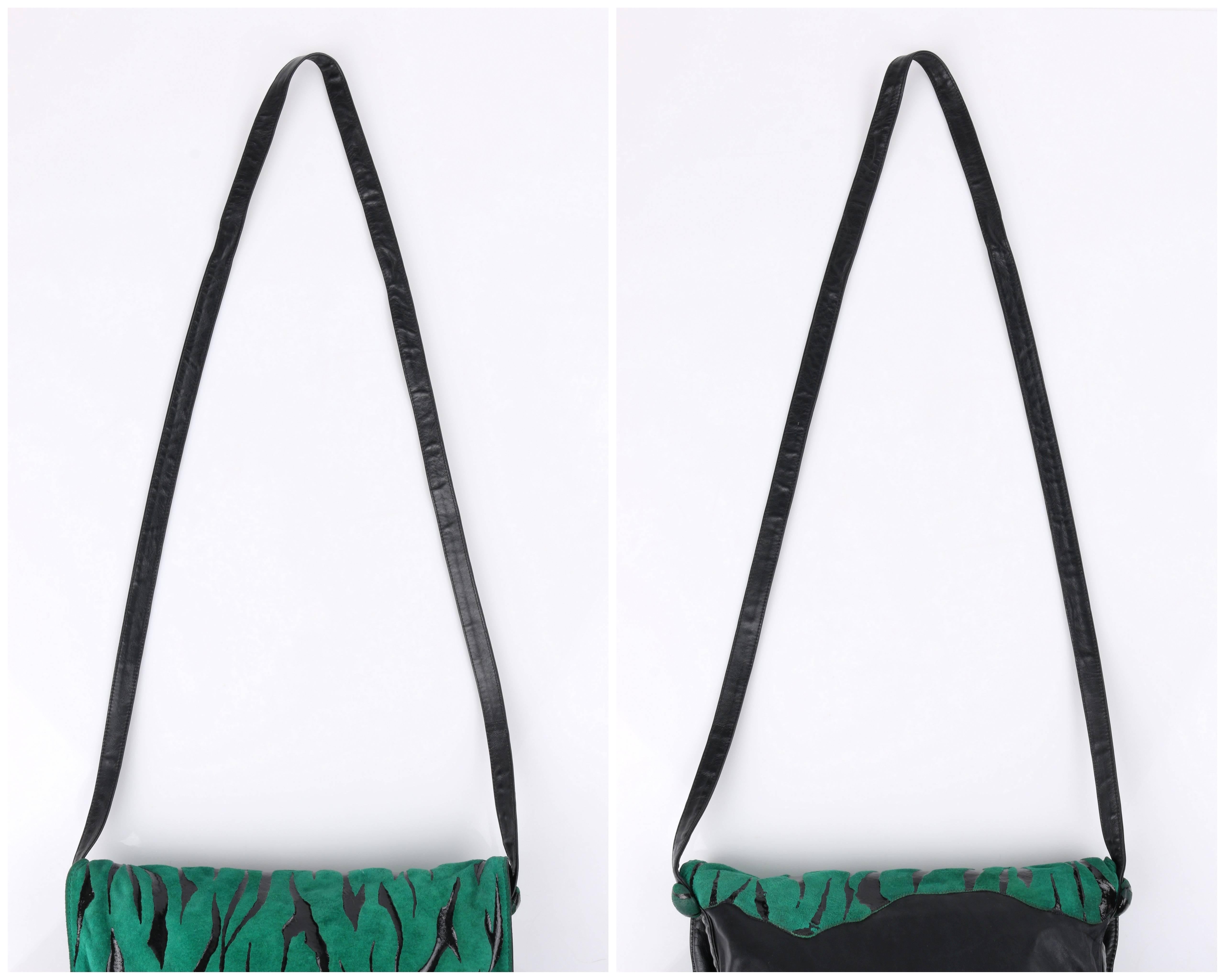 CARLOS FALCHI c.1980's Green Tiger Stripe Suede Leather Pleated Crossbody Bag 1